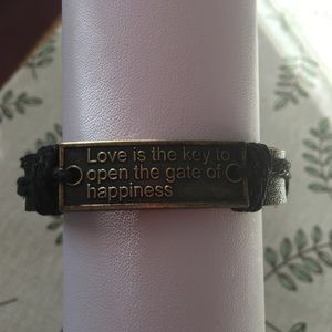 Black Leather love script Bracelet